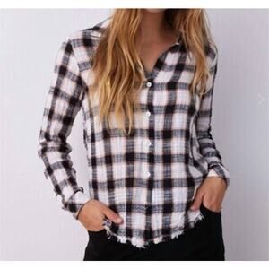 Bella Dahl $150 White Black Orange Textured Frayed Hem Button Down SZ S